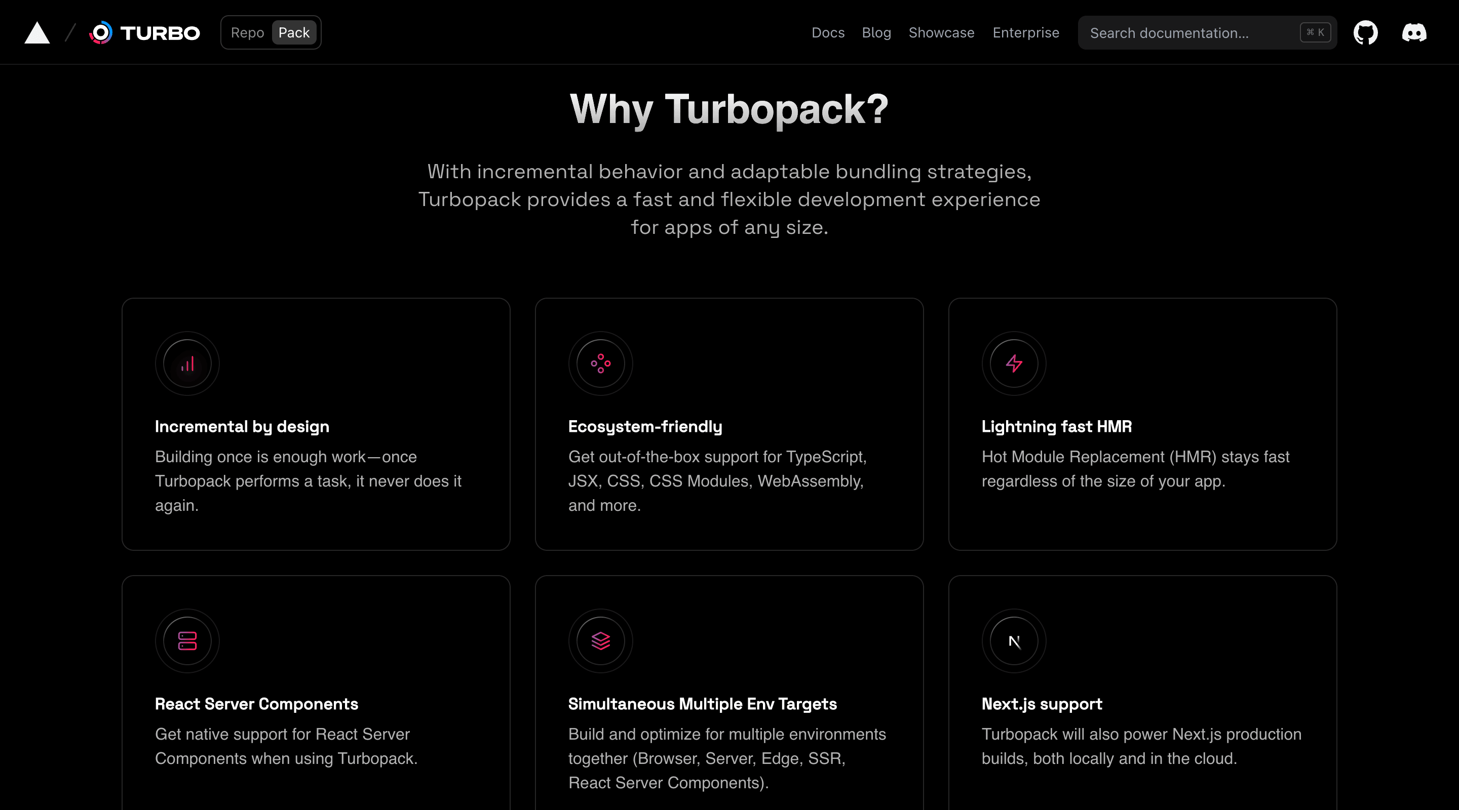 Screenshot of a feature section showing various features of Turbopack in a 3-column grid. Each card in the grid has an icon, a title, and a short description of the feature.