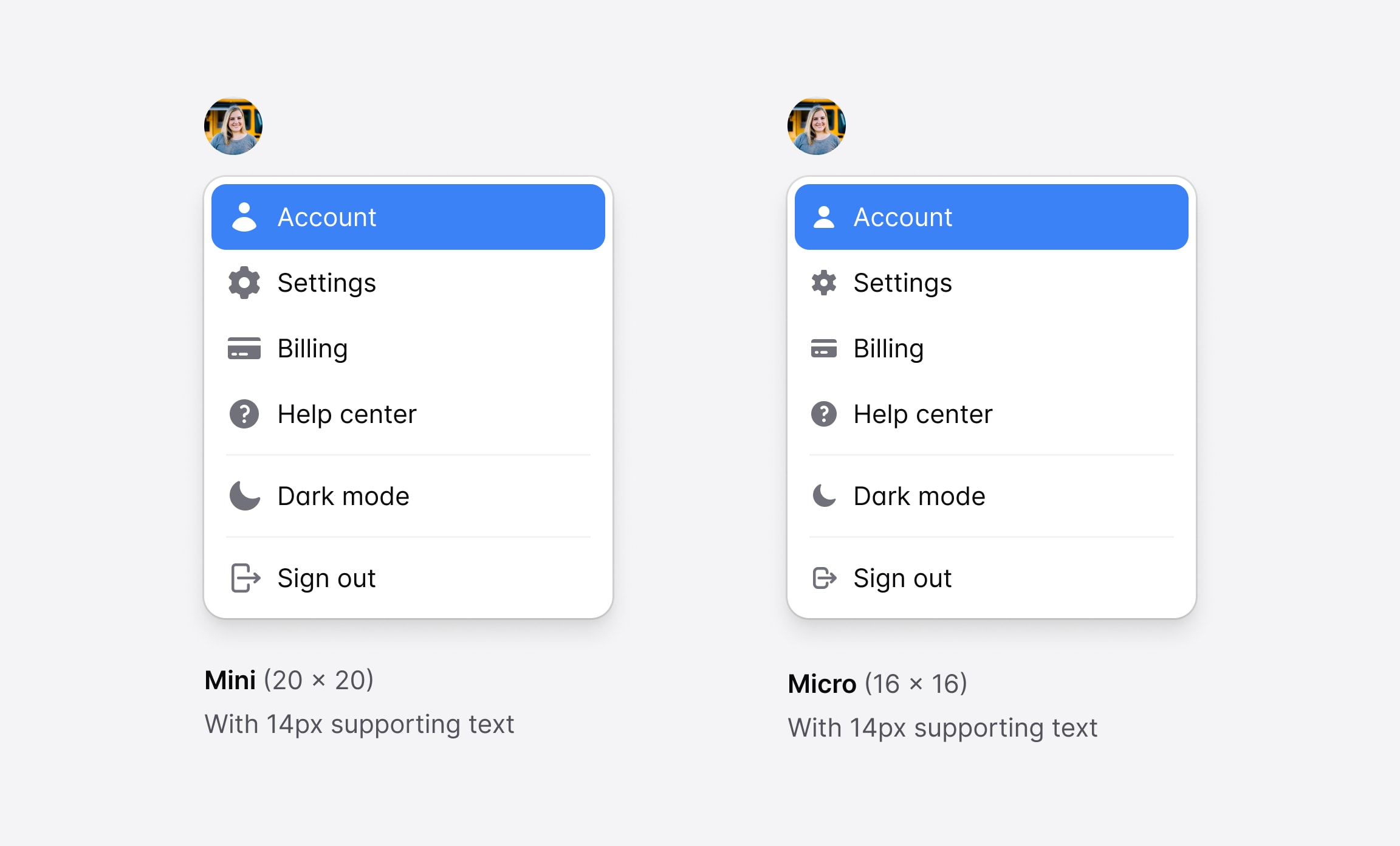 Heroicons Mini compared to Heroicons Micro used in a dropdown